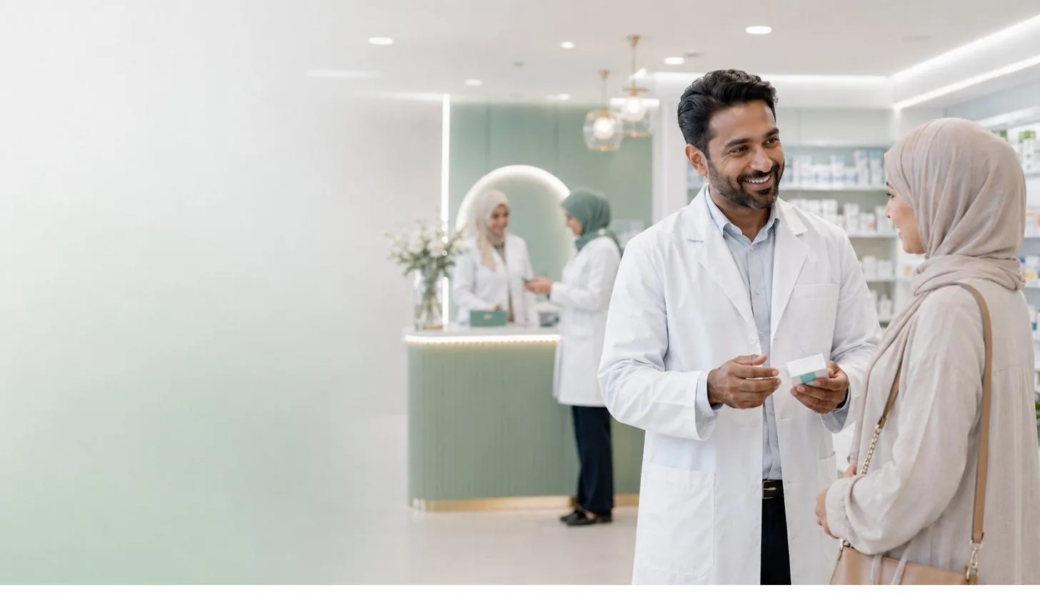 A pharmacist advising a customer over the counter in a community pharmacy