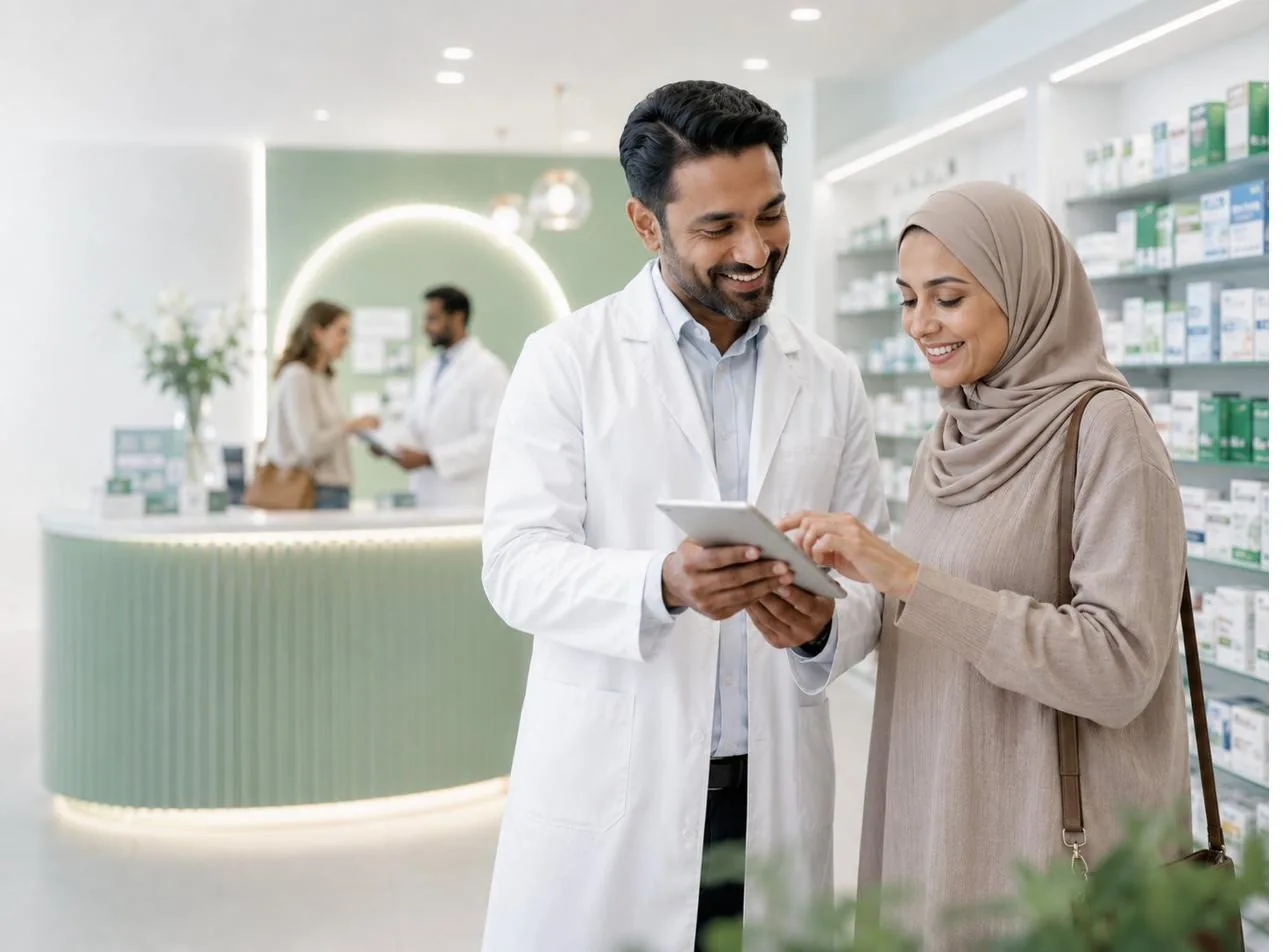 A pharmacist showing a customer prescription information on a tablet