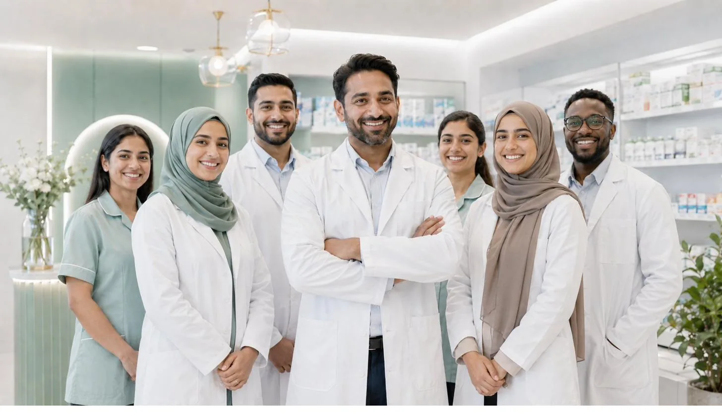 A pharmacy team standing together in a modern community pharmacy
