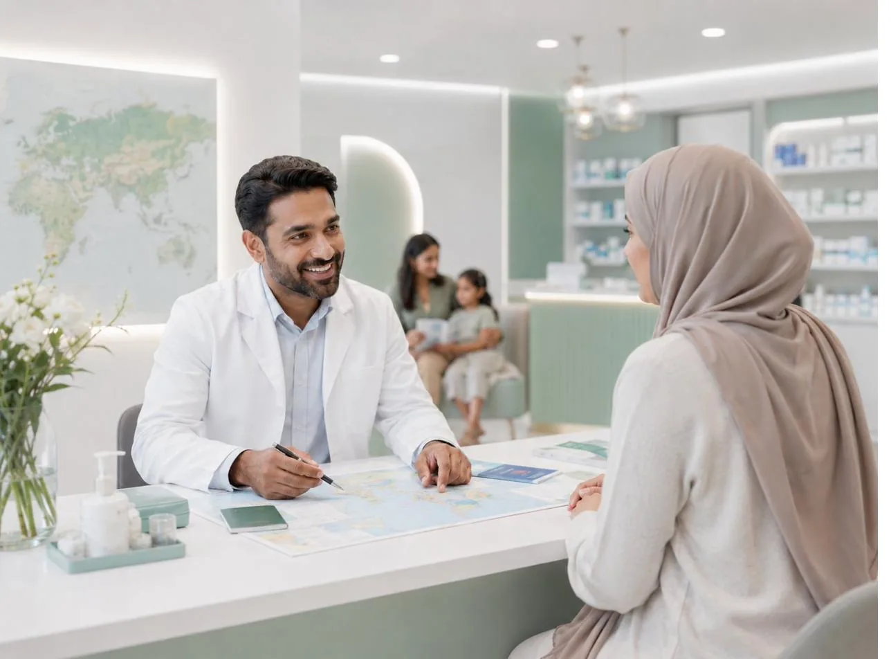 A pharmacist discussing travel destinations and vaccinations with a customer at a consultation desk